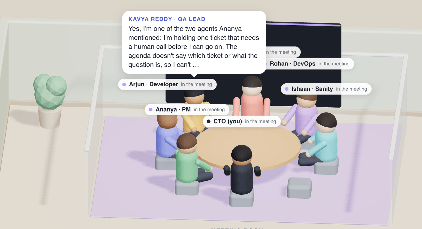The ORGrove 3D Office meeting room: the CTO and six AI team leads sit at a round table while Kavya, the QA lead, answers that she holds one ticket waiting on a human decision.